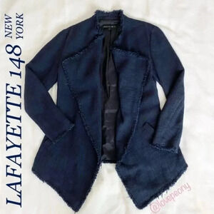 LAFAYETTE 148 Open Front Draped Fringe Blazer Navy